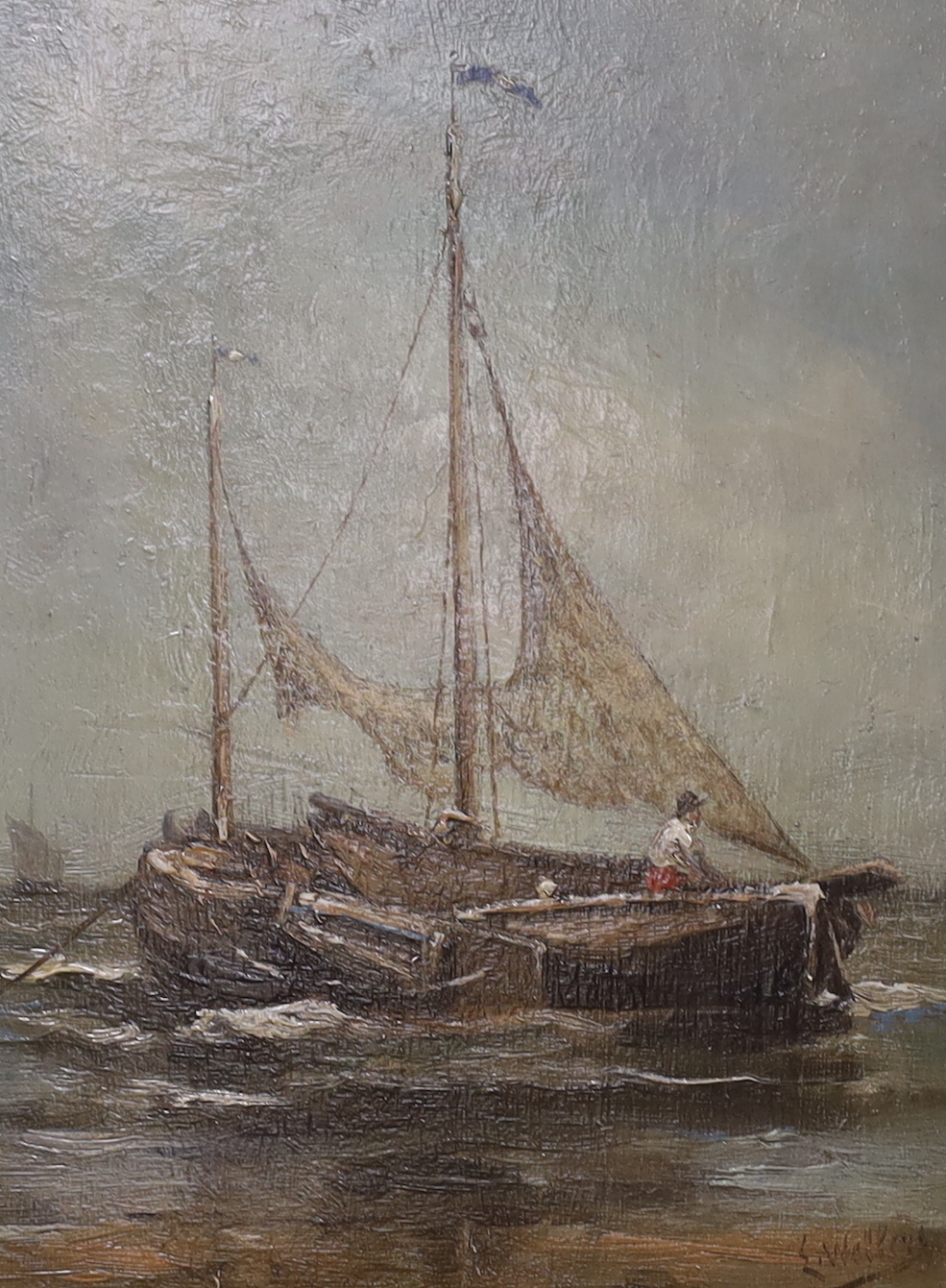 E. Walters, impressionist oil on board, Study of a fishing boat, signed, indistinct pencil inscriptions verso, Eugene Walters?, 19 x 14cm, ornate gilt framed
